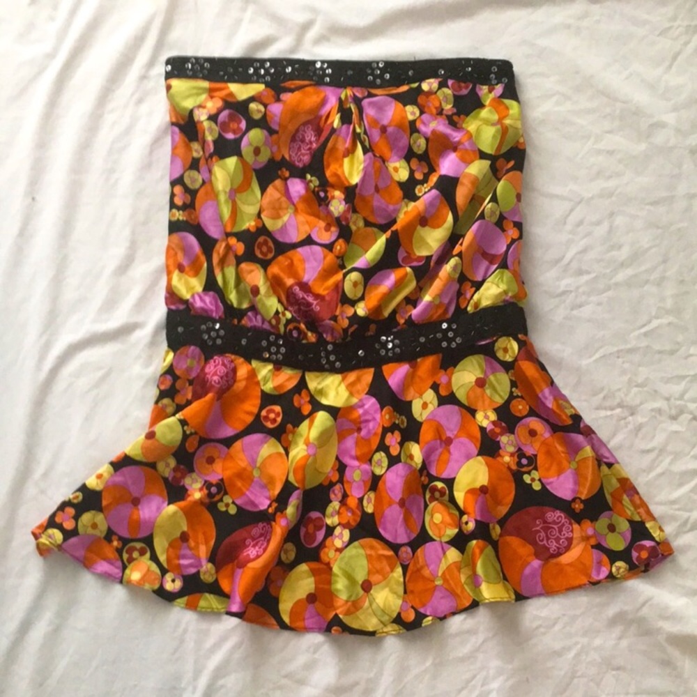 NWT Y2k Single strapless vivid multicolored short silk sequins/beaded dress.